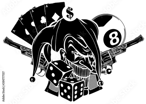 Joker card with gun and ace. vector illustration black silhouette