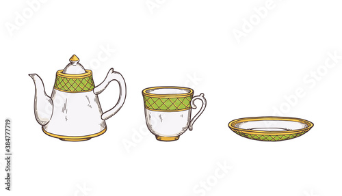 Tea utensils and crockery set with teapot sketch vector illustration isolated.