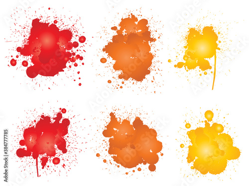 Vector collection of artistic grungy paint drop, hand made creative splash or splatter stroke set isolated white background. Abstract grunge dirty stains group, education or graphic art decoration