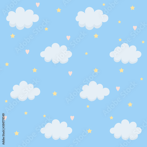 Seamless pattern with clouds, stars, hearts.