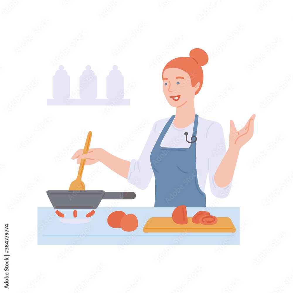 Woman cooking food in kitchen - cartoon cook in apron stirring ingredients Woman cooking food in kitchen - cartoon cook in apron stirring ingredients