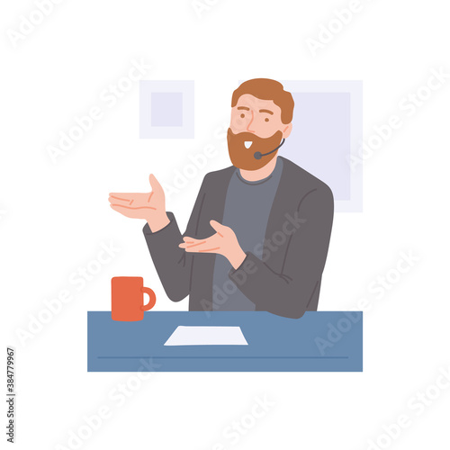 TV or radio news anchor presenting hot news, flat vector illustration isolated.