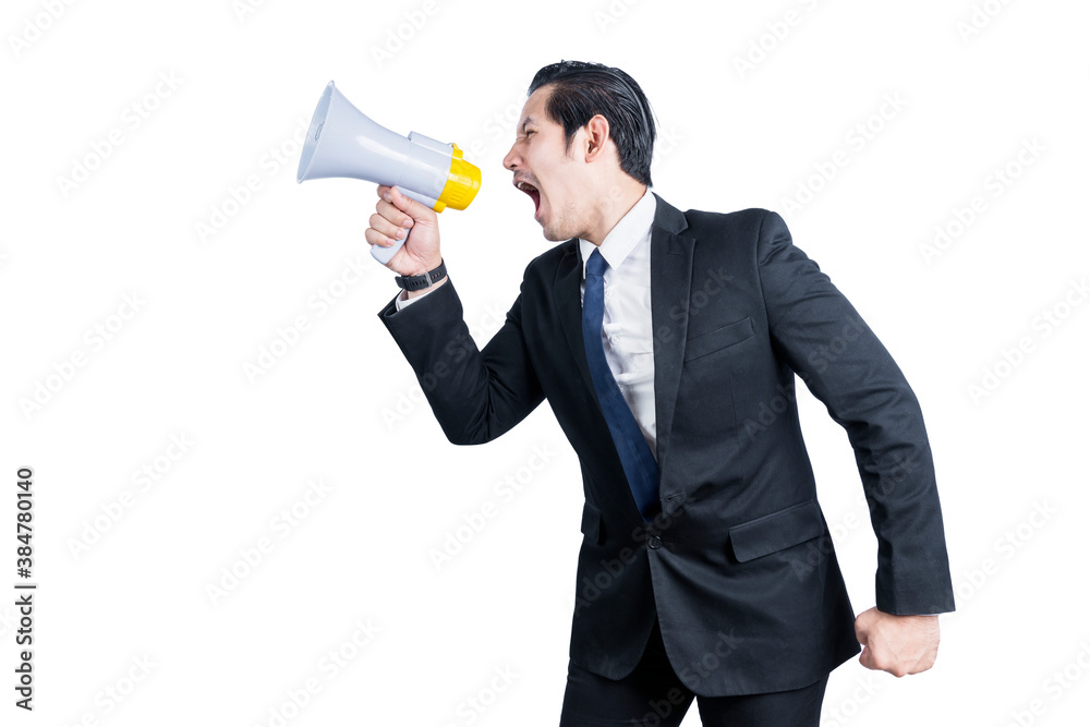 Asian businessman shout on megaphone Asian businessman shout on megaphone