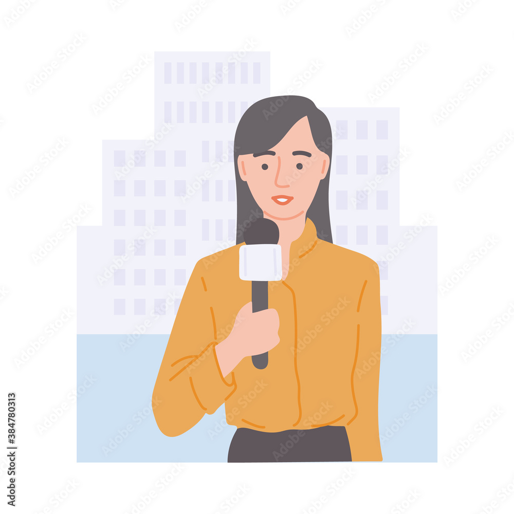Female news journalist with microphone in front of city buildings vector illustration