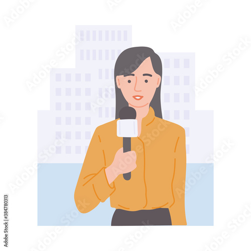Female news journalist with microphone in front of city buildings vector illustration
