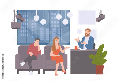 Flat vector illustration of talk show or interview TV live.