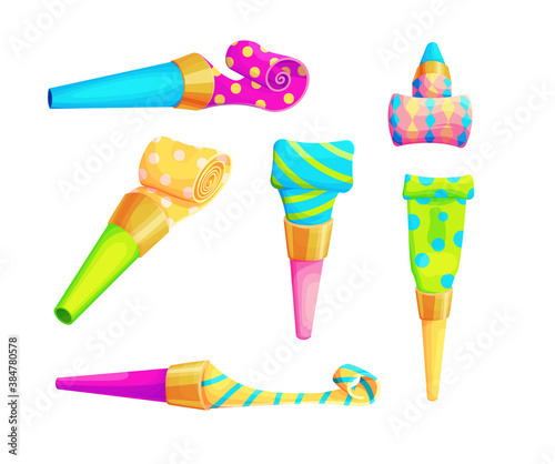 Birthday party whistle accessory set. Isolated clown blower collection. 3d blowout isolated vector illustration pack. Carnival popper object. Plastic roll buzzer.