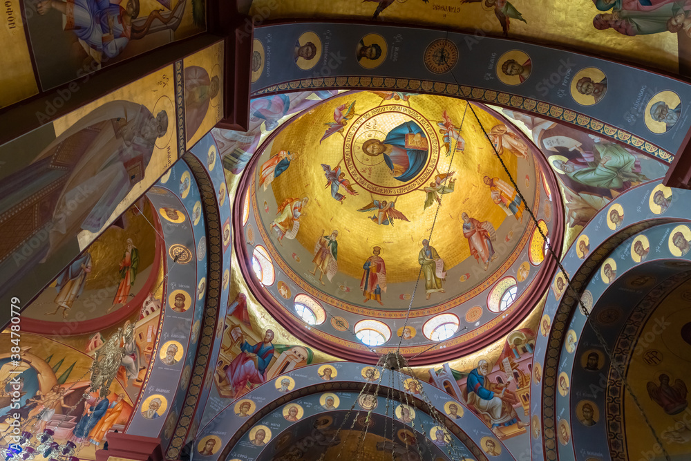 The ceiling dome with religious drawings in the Church of the Apostles located on the shores of the Sea of Galilee, not far from Tiberias city in northern Israel