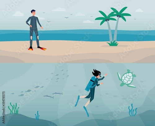 Underwater scuba diving banner with cartoon characters flat vector illustration.