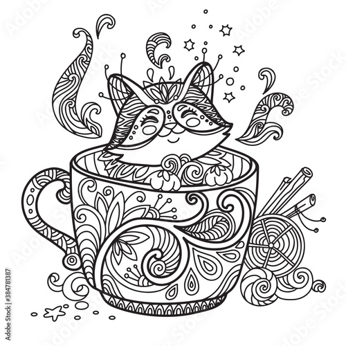 Kawaii cute cat in a cup coloring