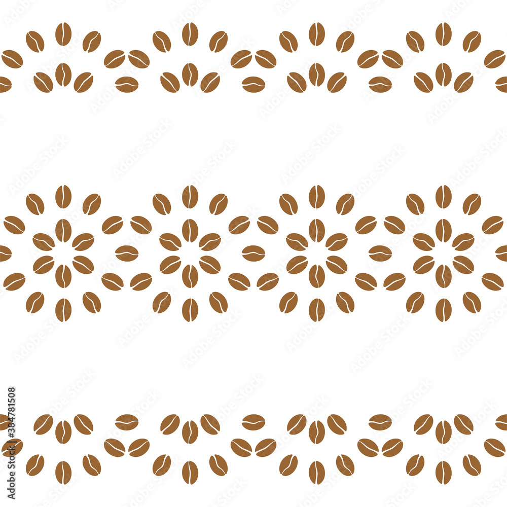Seamless border of coffee beans. Vector template, horizontal pattern for coffee house, coffee shop, cafe, restaurant, packaging, wrapper, sales flyer, printing on fabric, textile, tape, ribbon or menu Seamless border of coffee beans. Vector template, horizontal pattern for coffee house, coffee shop, cafe, restaurant, packaging, wrapper, sales flyer, printing on fabric, textile, tape, ribbon or menu