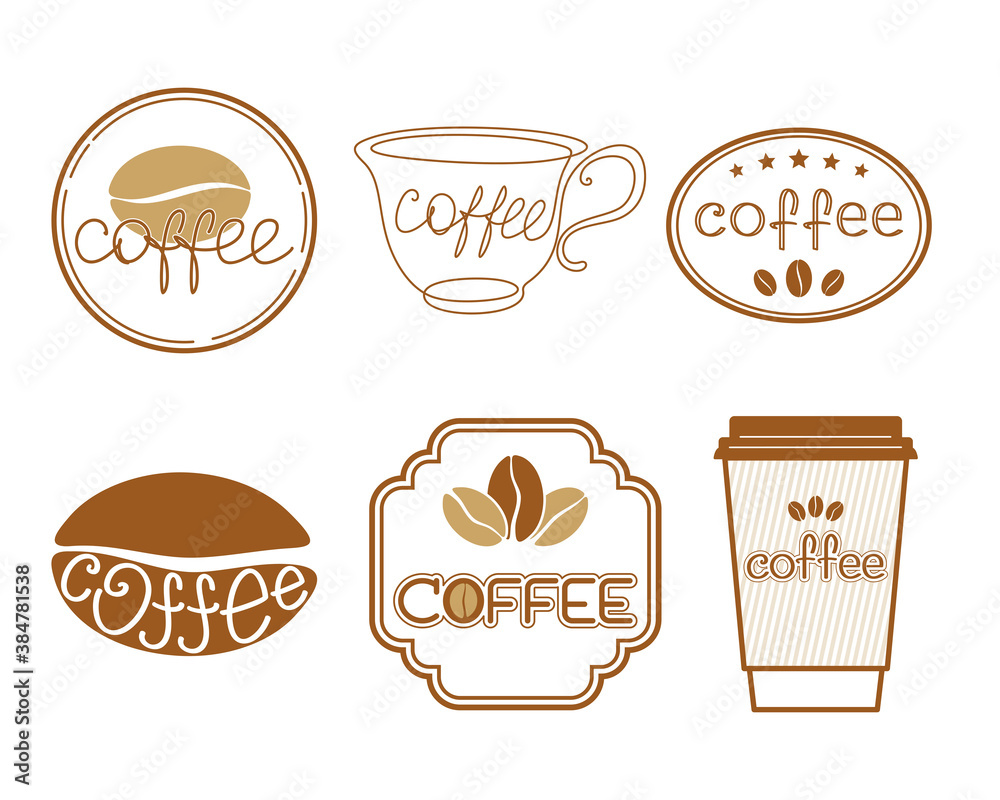 Icon, logo, label, signboard with coffee beans and hand lettering on a white. Vector set for coffee house, coffee shop, packaging, wrapper, menu, sales flyer or banner. Decorative elements for design