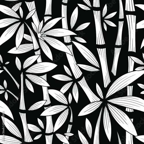 Vector Black and White Bamboo Floral Seamless Pattern