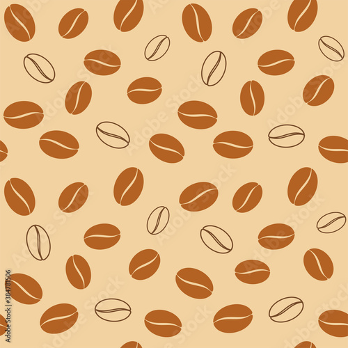Brown coffee beans silhouettes and outline on a beige background. Vector seamless pattern for coffee house  coffee shop  cafe  restaurant  packaging  wrapper  wrapping paper  sales banner and print