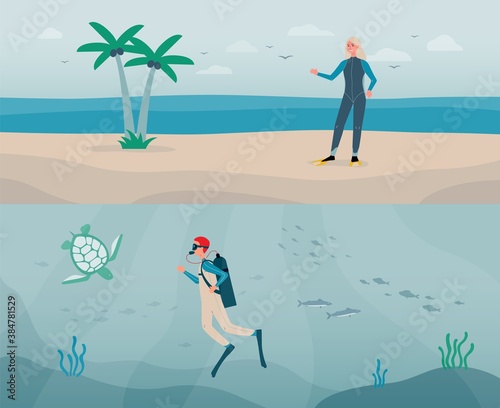 Vector flat illustrations of diver man with aqualung and woman in a scuba suit.