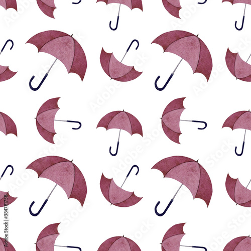 Seamless pattern with umbellas on white background. Watercolor illustration