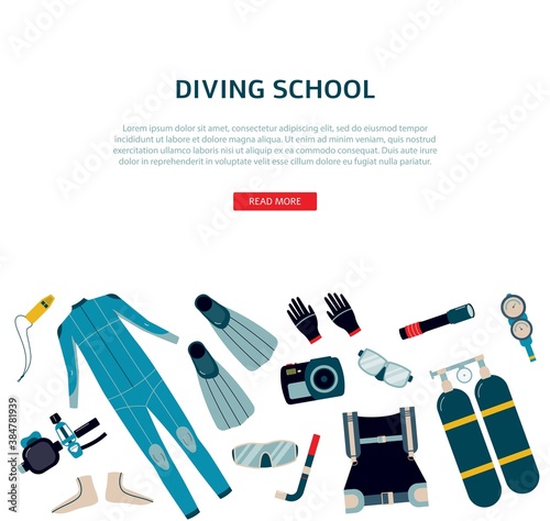 Diving school banner with scuba and underwater equipment vector illustration.