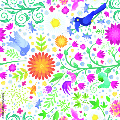 Vector Flowers and Birds Seamless Pattern