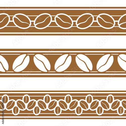 Brown ribbon with coffee beans. Vector seamless border for coffee house, coffee shop, packaging, wrapper, border tape for confectionery products, sales flyer, cafe, restaurant and printing on textile