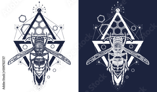 Bee tattoo. Symbol of freedom, flight. Wasp t-shirt design. Black and white vector graphics