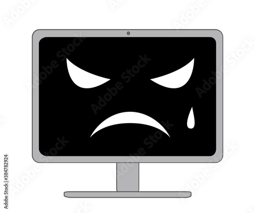 焦っている怖めの表情つきの黒い画面のパソコン