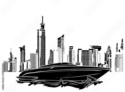 black silhouette speed luxury boat on city background vector illustration