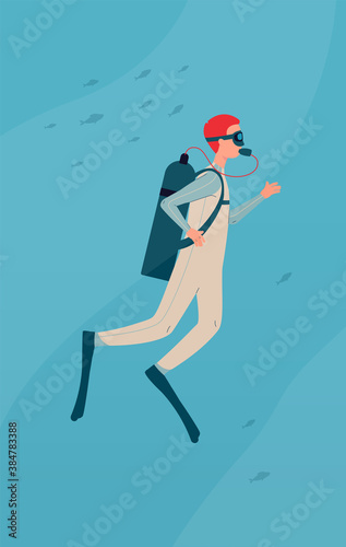 Man in scuba diving suit swimming underwater - cartoon diver