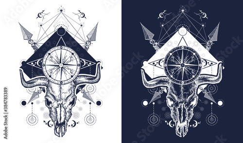 Skull bull tattoo and t-shirt design. Wild west art, compass, crossed arrows. Black and white vector graphics