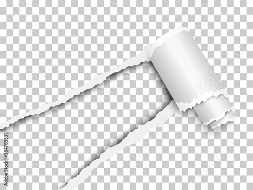Torn, snatched window placed diagonally from lower left corner in checkered transparent paper with paper curl. Transparent background of the resulting hole. Vector template paper design.