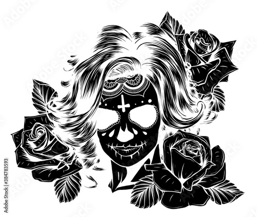 black silhouette Woman's face and red rose vector illustration