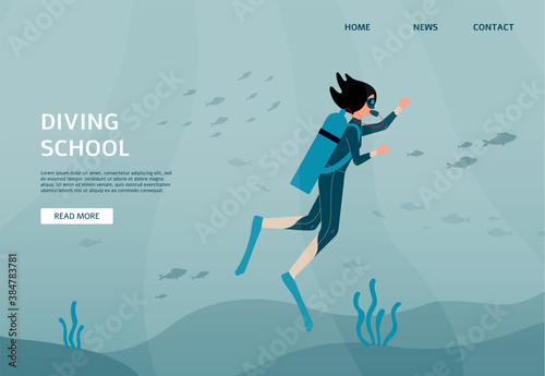 Diving school website with woman swimming underwater, flat vector illustration.