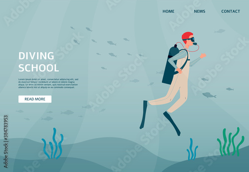 Web page for diving school with diver underwater, flat vector illustration.