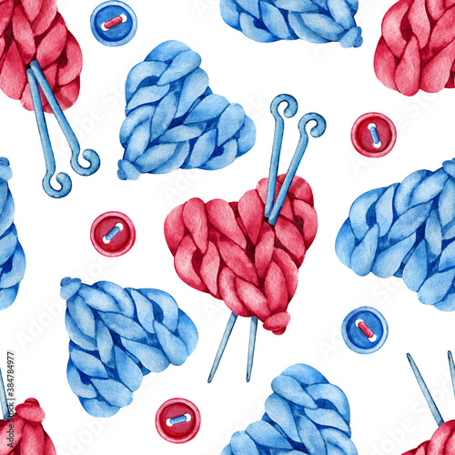 Seamless patterns knitting yarn and knitting needles. Hand drawn watercolor illustration isolated on white background. Needlewoman, knitter logo design