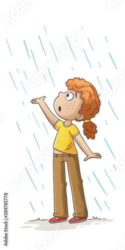 Little girl is standing in the rain. Hand drawn vector illustration with separate layers.