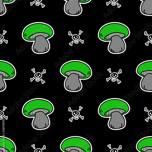 Cute punk rock satans bolete mushroom on black background vector pattern. Grungy alternative home decor with cartoon poisonous forest fungi. Seamless rocker attitude mycology all over print.