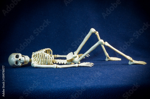 A skeleton is lying on the back on the dark background.