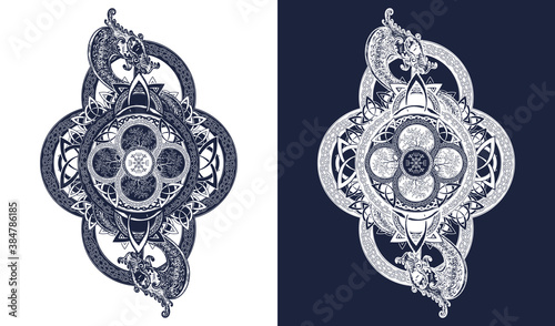 Celtic dragon tattoo and t-shirt design. Symbol of force, dream, magic. Black and white vector graphics