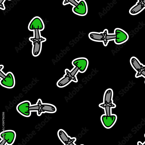 Cute punk rock destroying angel mushroom on black background vector pattern. Grungy alternative home decor with cartoon poisonous forest fungi. Seamless rocker attitude mycology all over print.