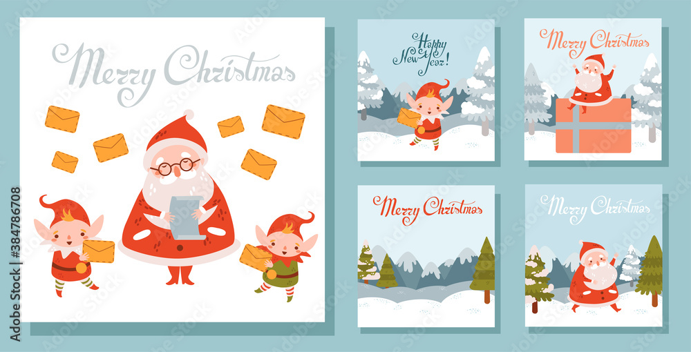Fototapeta premium Set of vector Christmas square illustrations with Santa and elves. Winter landscape. Christmas tree, winter snow landscape. Collection of merry christmas cards, prints. Blue background. 