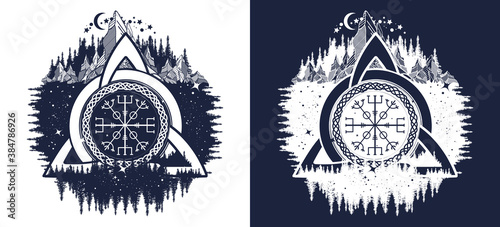 Celtic trinity knot, Helm of Awe, aegishjalmur, tattoo. Scandinavian symbols of Vikings, travelers, mascot. T-shirt design. Black and white vector graphics