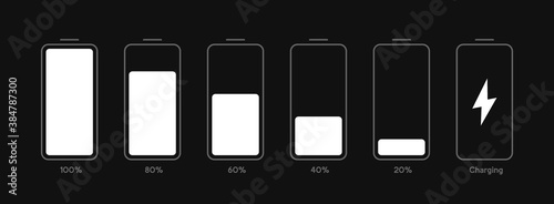 Different Battery charge level. Set of battery charge level indicators. Wireless charging energy sign. Vector Illustration