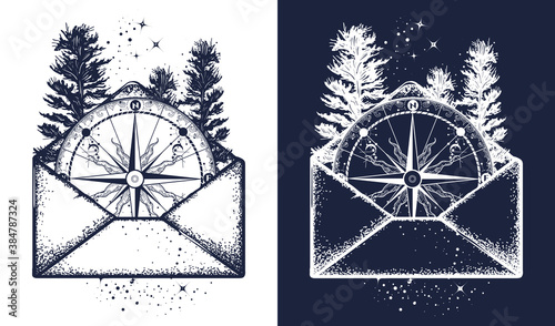 Compass in open envelope tattoo art. Symbol of tourism, adventure, travel and adventure, t-shirt design. Black and white vector graphics