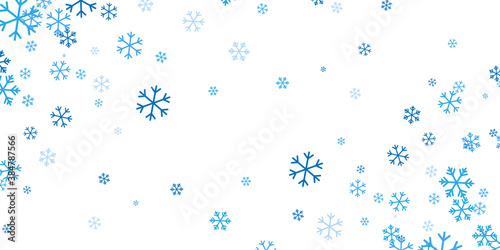 Falling blue snowflakes on white background. Christmas snow. Vector illustration