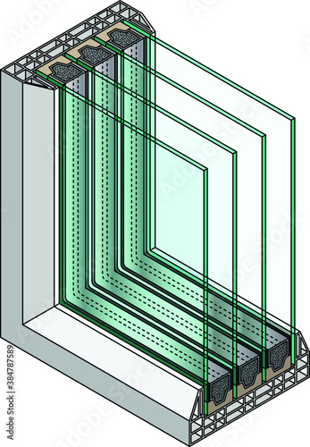 Cross-section diagram of a quadruple glazed window.