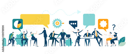 Application developing team works. Workspace with business people sitting by desk, working together, discussing, negotiating the deal, solving problems. Contemporary management concept business.