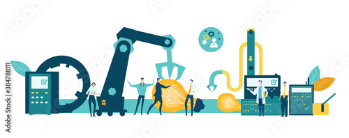 People manufacturing light bulbs, people work next to manufacturing belt, conveyer. Assembling and developing new product. New start up, new business.