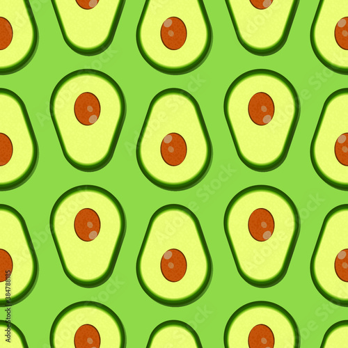 Seamless pattern of avocado. Sliced avocado the top view on a green background. Design for print on paper, Wallpaper and textiles
