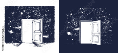 Open door in universe tattoo. Symbol of imagination, creative idea, motivation, new life. T-shirt design. Surreal art. Black and white vector graphics