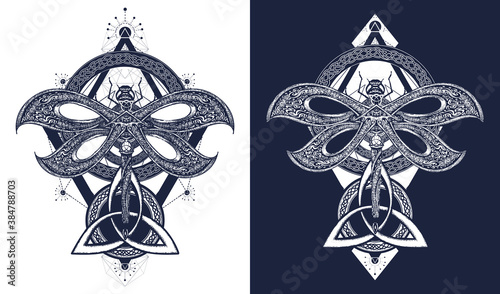 Dragonfly tattoo celtic style. Alchemy, religion, occultism, spirituality signs. T-shirt design. Surreal art. Black and white vector graphics