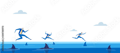 Successful business people running on top of sharks in the danger sea water. Financial risk, economy crisis concept illustration